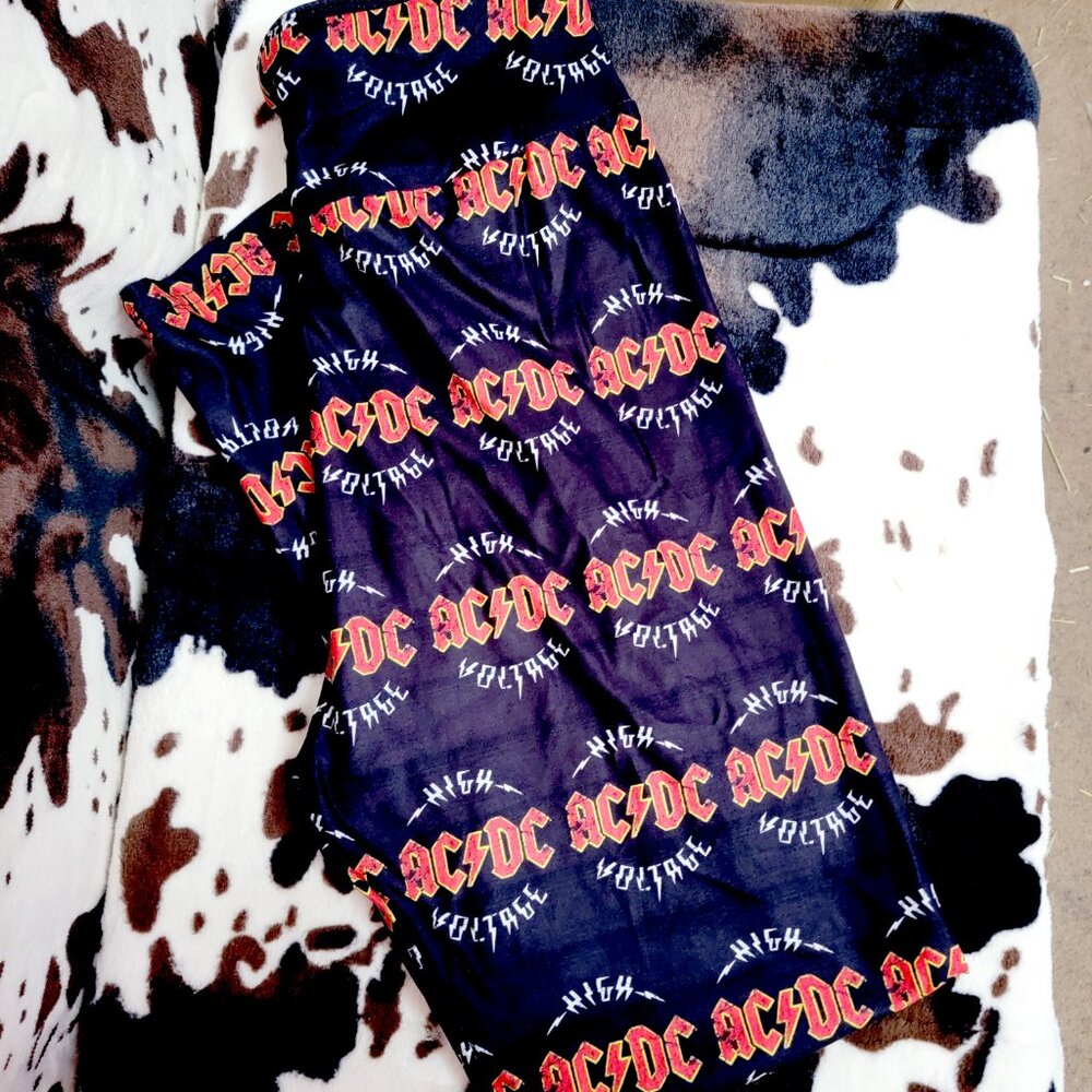 Black AC/DC High Voltage Custom Print Buttery Soft Leggings Size TC